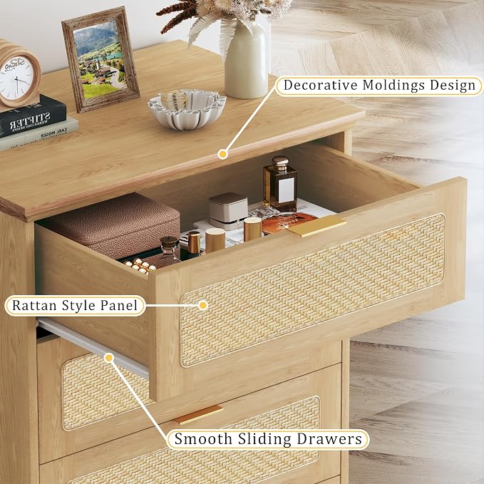 HUAHUU 6 Drawer Dresser for Bedroom, 50 Inch Tall Dressers & Rattan Chest of Drawers, Boho Style, Wood Modern Dressers Organizer for Bedroom, Living Room, Hallway, Entryway, Oak - Image 3