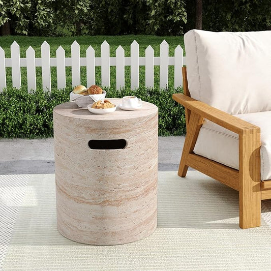 KEVINSPACE Small Side Coffee Table Outdoor MGO Round End Living Room Accent Sofa Bedside Couch Table with Cutout Handle Bedroom Apartment Indoor 15.5" W x18.5 H Beige Concrete