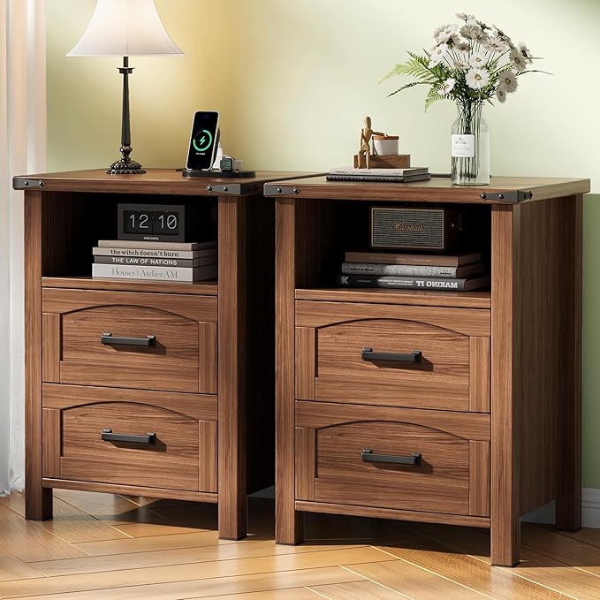 Decofy Farmhouse Nightstand Set of 2 with Charging Station, 18'' Wide Rustic End Table with USB/Type-C Ports, 2 Drawers & Open Shelf, Wood Bedside Table for Bedroom, Walnut by Decofy