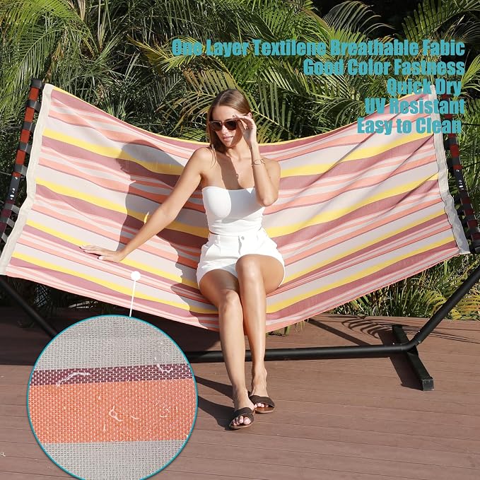 TegerDeger 12FT 2 Person Hammock Large Hammock Quick Dry 450LB Capacity with V Shaped Hardwood Spreader Bar & Nylon Rope for Outside, Patio, Garden, Backyard, Beach, Poolside - Coral Red Stripes - Image 5