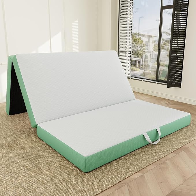 ROXGOX Memory Foam Trifold Mattress, Queen Portable Floor Bed 4 Inch, Foldable Mat with Washable Cover, Handle & Non-Slip Bottom, for RV, Travel, Camping, Yoga, 78"x58"x4", White Green