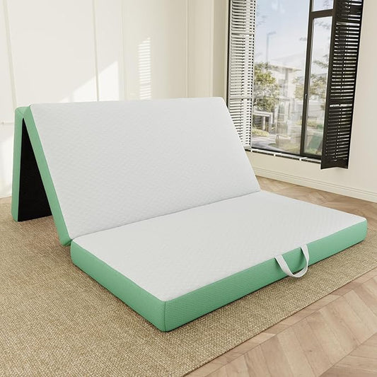 ROXGOX Memory Foam Trifold Mattress, Queen Portable Floor Bed 4 Inch, Foldable Mat with Washable Cover, Handle & Non-Slip Bottom, for RV, Travel, Camping, Yoga, 78"x58"x4", White Green