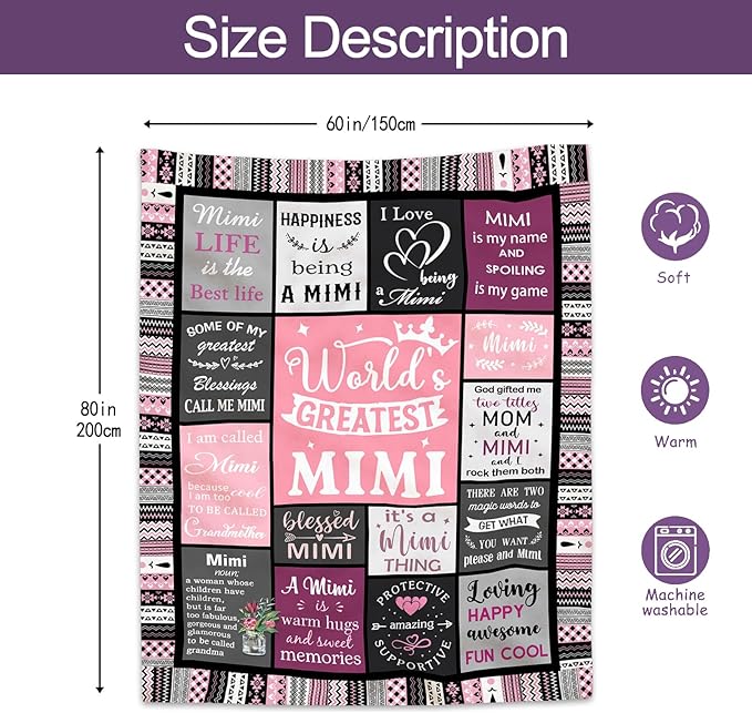 Ruvinzo Mimi Gifts for Grandma, Birthday Gifts for Mimi, Grandma Bday Gift, Grandmother Gift Idea, Best Mimi Ever Gift Soft Throw Blanket 80” x 60”
