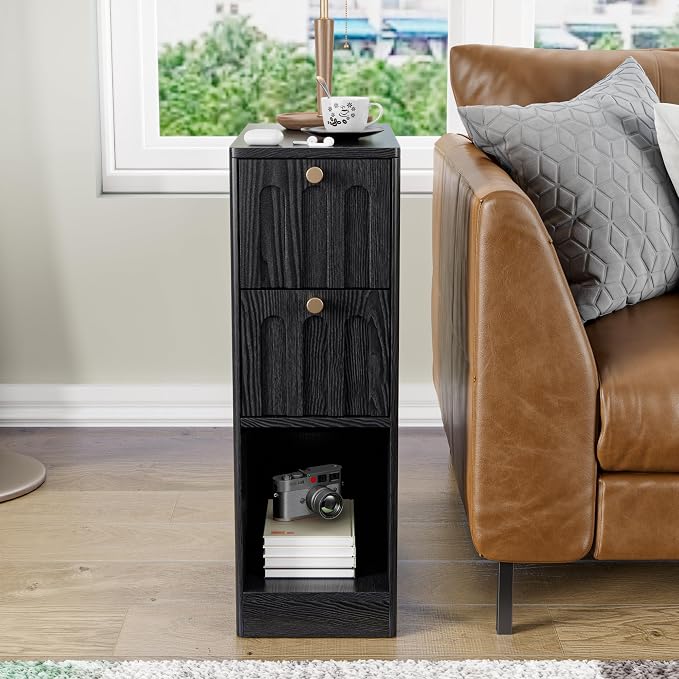 Black Small Nightstand Set of 2, Narrow Bedside Table with Arched Drawer, Wood Nightstand, Skinny Side End Table, Mid Century Modern Night Stand for Bedroom, Small Spaces, Slim, Boho - Image 7
