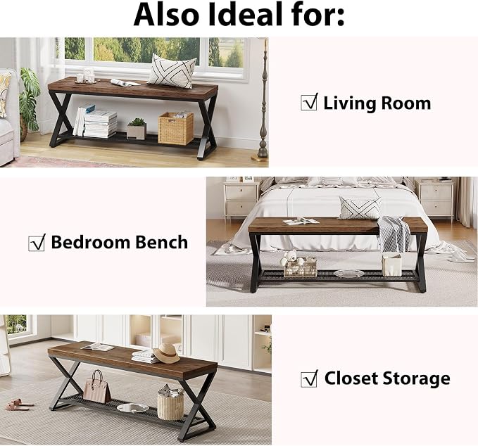 LVB Rustic Entryway Bench, 47” Shoe Bench with Storage for Entry Way, Industrial Shoe Rack Bench with Seating for Foyer Entrance, Farmhouse Wood Bench for Hallway Living Room Bedroom, Rustic Brown - Image 9