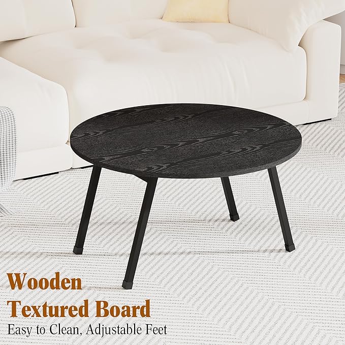 Round Folding Coffee Table for Small Spaces, Foldable Small Coffee Table Portable Sturdy, Easy Assembly Mid Century Low Wood Tables for Living Room, Home, Office, Black