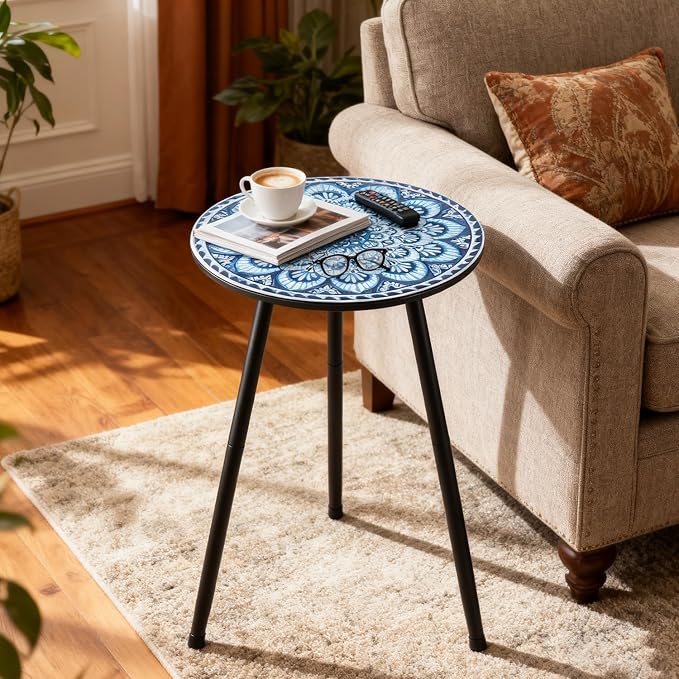 2 Packs Metal Mosaic Round Side Tables 13.4" Small Outdoor Patio Round Accent Coffee Tables Indoor Corner Stand for Small Spaces Weather-Resistant for Balcony, Porch Plant Stands Indoor, Blue Mosaic - Image 2