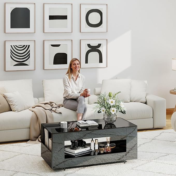Glossy Coffee Table with Open Shelf Storage - High Gloss Modern Cocktail Table for Living Room, Bedroom, Office