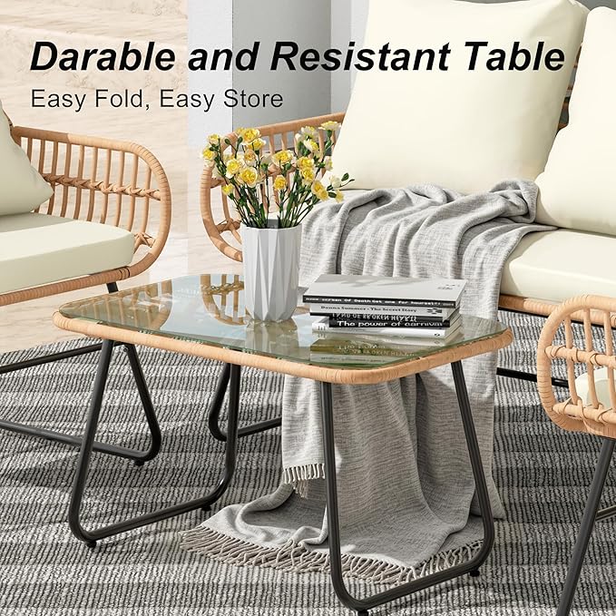 LEX CRAFT 4-Piece Wicker Outdoor Patio Furniture Set with Cushions & Tempered Glass Table, All-Weather Rattan Bistro Set with Loveseat Chairs Table Soft Cushions for Garden, Porch, Backyard (Beige)