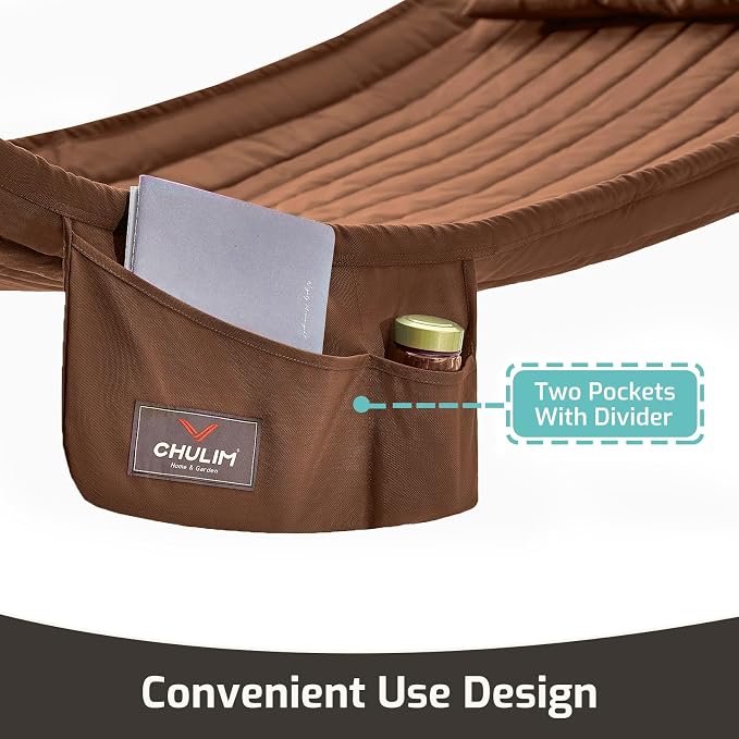 Double Quilted Fabric Hammock with Hardwood Spreader Bars and Pillow 450 LBS Capacity 2 Person Large Hammock for Outdoor Patio Backyard Poolside - Brown - Image 3
