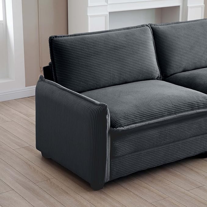 KEIKI 150" L-Shaped Oversized Corduroy Modular Sectional Sofa with 1 Ottoman, High-Density Foam Cushions, Removable Armrests, Upholstered 4-Seater Corner Couch with 6 Pillow, for Living Room, Grey