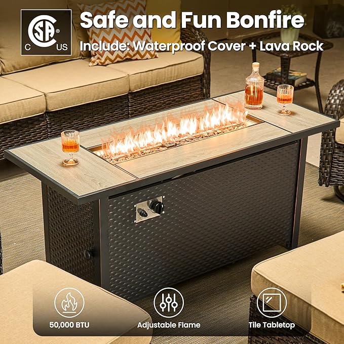 ovios 7-Piece Patio Furniture Set with Swivel Chairs Coffee Table, Outdoor Wicker Sofa with 54" Fire Pit Table, High Back Couch Modern Conversation Sets, Brown/Beige