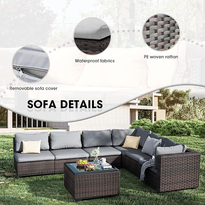 Patio Furniture Set 5 Piece All Weather PE Rattan Outdoor Sectional Sofa Couch with 4 x arm Sofa, No-Slip Cushions and Glass Top Table for Garden, Poolside, Backyard (Gray)
