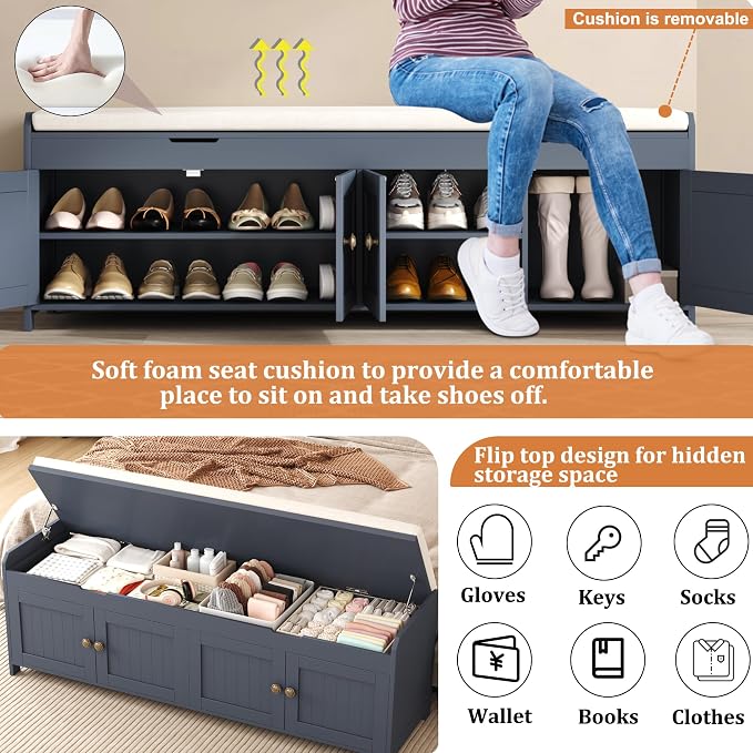 HOMEFORT 54.4" Shoe Bench with Lift Top Storage, Entryway Bench with Cushioned Seat, Wooden End of Bed Bench, Shoe Cabinet Bench with Hidden Storage Space, for Bedroom, Hallway,Blue - Image 4