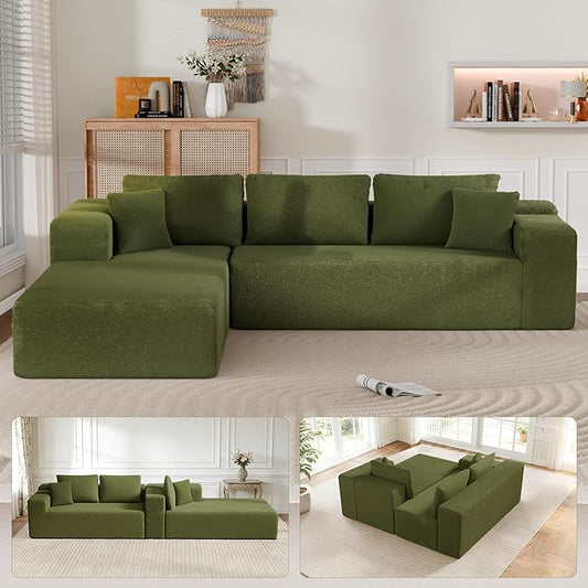 Cloud Sectional Couch, 105” Fluffy Modular L-Shape Sofa with Right Chaise Lounge, Modular Sectional Sofa in a Box, Boneless Couch for Living Room, No Assembly Required, Wool Green