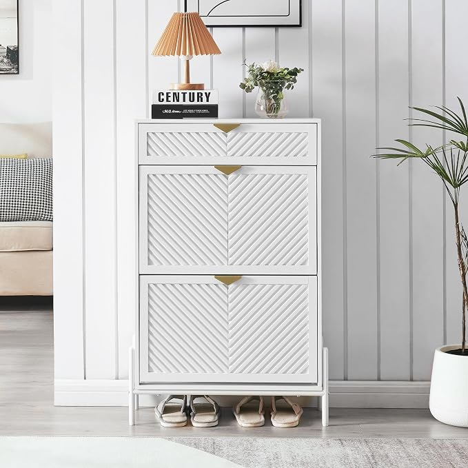 Shoe Cabinet Storage with 2 Flip Drawers, Narrow Hidden Shoes Organizer Cabinet for Entryway, Freestanding Slim Shoe Rack Front Door Entrance(White) - Image 5