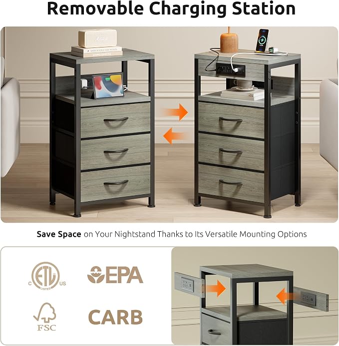 Lazzanto NightStand Bedside Charging Table Bedroom - Night Stand with Charger Station, Modern Nightstand with Open Shelf & 3 Fabric Drawers, End Table with USB-C USB Ports & AC Outlets for Dorm, Grey - Image 5