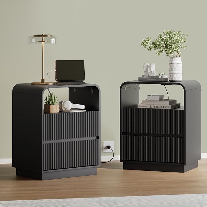 Wodeer Black Nightstand with Charging Station, Mid Century Modern Bedside Table & End Table, Fluted Wood Small Night Stand with 2 Hidden Drawers and Storage Shelf for Bedroom - Image 3
