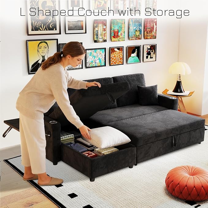 Rovibek 83" Convertible Sofa Bed Couch with Storage & USB Port – 4 in 1 L Shaped Sofa with Pull Out Couch Bed, Side Table, Cup Holder for Living Room, Apartment, Office, Small Spaces, Black