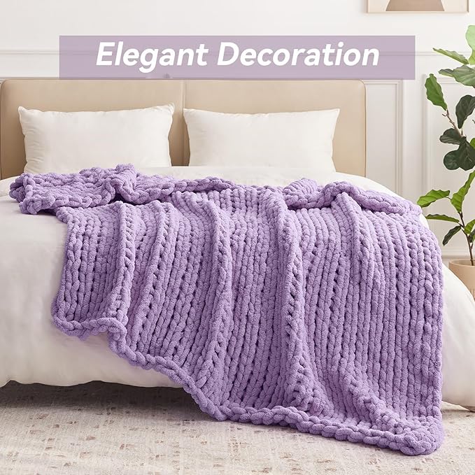 Negwoo Chunky Knit Throw Blanket, 60''*80'' Knitted Throw Chenille Yarn for Bed Couch, Handmade Light Purple Crochet Big Thick Blanket, Machine Washable Cute Comfy Blanket for Home Decor
