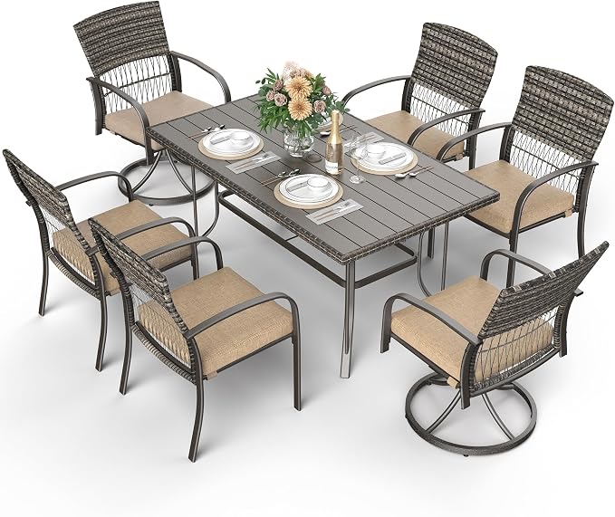 Pamapic 7-Piece Outdoor Dining Set with Table, Patio Furniture Includes 2 Swivel Chairs, 4 Wicker Chairs & Beige Removable Cushions, Weather Resistant Iron Frame for Backyard, Deck, Garden (Beige) by Pamapic