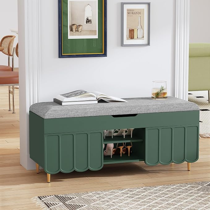 3More 40" Entryway Shoe Storage Bench,Upholstered Hidden Space Beneath Seat Cushion Bench,2-Tier Unique Geometric Shape with Wood Grain,Green by 3More