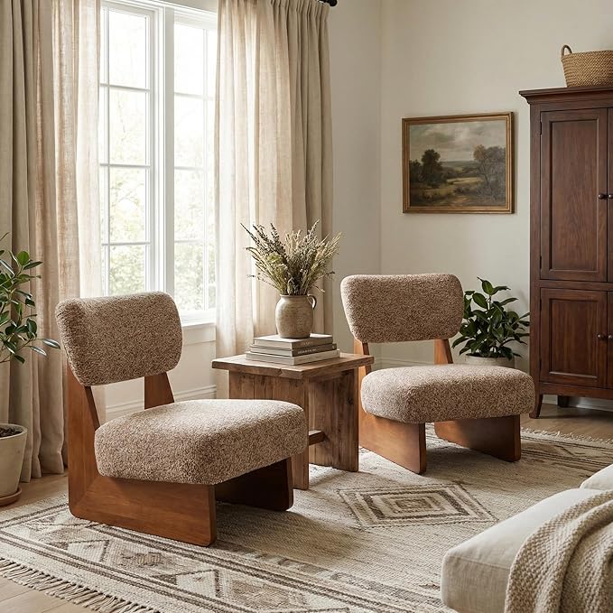 Christopher Knight Home Mores Low Profile Accent Chair Set of 2, Modern Living Room Armless Lounge Chair, Fabric Comfy Reading Chair for Bedroom, Wooden Frame and Thick Padded Seat, Walnut+Multi-Brown