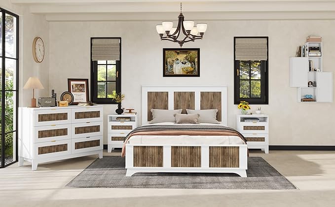 Harper & Bright Designs 4-Pieces Bedroom Sets, Queen Size Platform Bed with 2 Nightstands and A 6-Drawer Dresser, Queen Size Bedroom Set with Wooden Strip Decoration, White