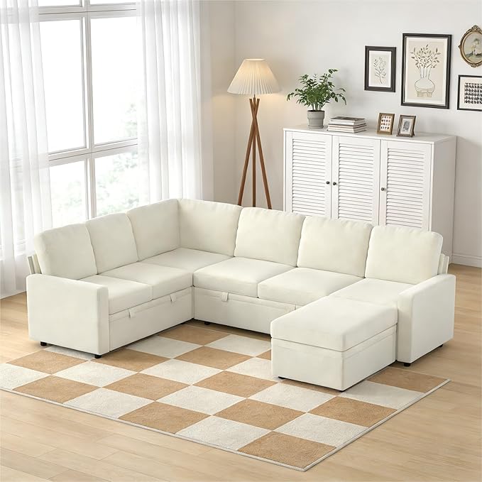 7-Seater Large Sectional Couch with Pull Out Bed, L Shaped Chenille Sofa with Storage, Convertible Modular Sofa, for Living Room, Apartment, Beige