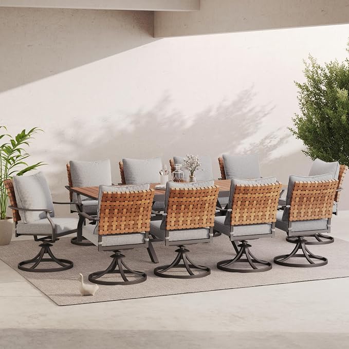 Grand patio 11-Piece Outdoor Dining Set, 10 Leather-Look Wicker Swivel Patio Chairs & 1 Extendable Rectangular Dining Table, Brown - Image 2