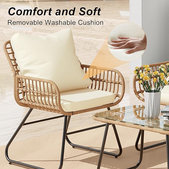 LEX CRAFT 4-Piece Wicker Outdoor Patio Furniture Set with Cushions & Tempered Glass Table, All-Weather Rattan Bistro Set with Loveseat Chairs Table Soft Cushions for Garden, Porch, Backyard (Beige)
