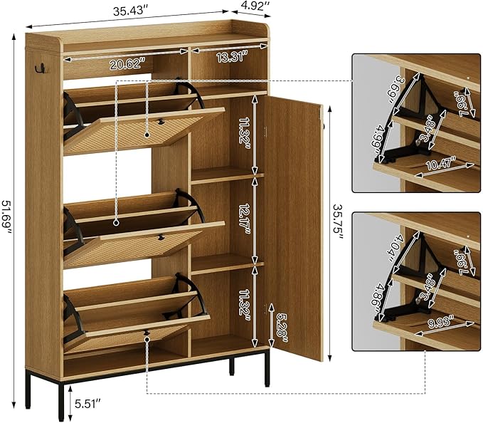 GarveeLife 3-Tier Rattan Shoe Cabinet with Flip Drawers, Adjustable Shelves and Narrow Storage Design, Perfect for Entryways, Hallways, and Bedroom Organization in Wood