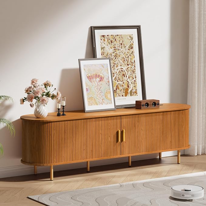 DHH 70.8 Inch Mid Century Modern TV Stand with Power Outlet for TVs up to 80 Inch, Entertainment Center with Storage and Adjustable Shelves, Media Console with Sliding Doors for Living Room(Yellow) - Image 7
