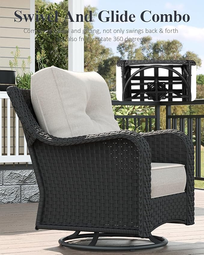 LayinSun 5 Piece Wicker Outdoor Furniture Set with 6-inch Comfy Cushions, High Back Patio Furniture Set with Swivel Rocking Chairs and Fire Pit Table