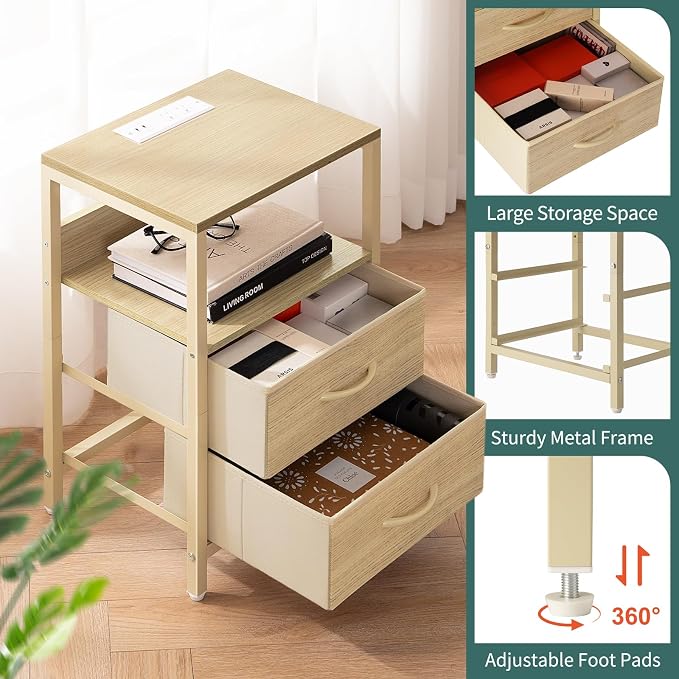 Yoobure Nightstand with Charging Station, Small Night Stand with Fabric Drawers and Storage Shelf for Bedrooms, Nightstands for Small Spaces, Bedside Table with USB Ports & Outlets, Bed Side Table - Image 7