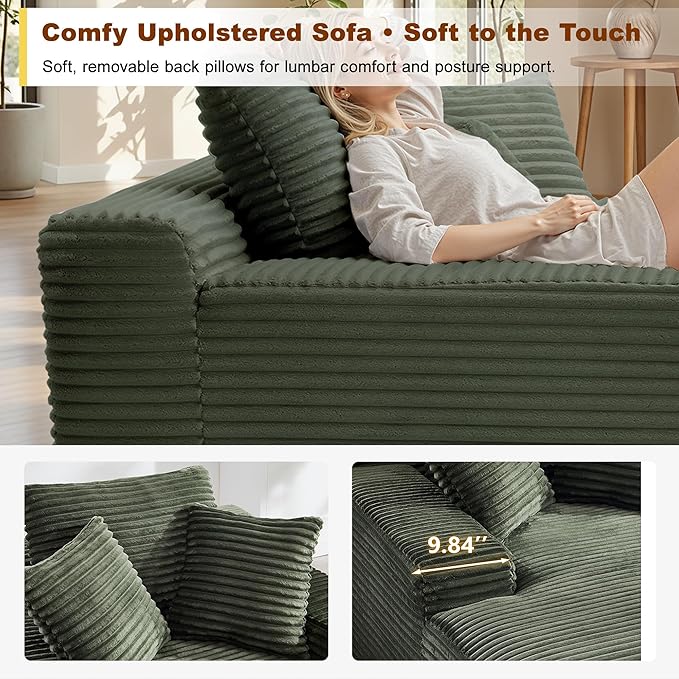 67 Inch Chaise Lounge Chair Indoor, Oversized Corduroy Upholstered Boneless Sofa Bed with Amrests and 2 Pillows Cloud Sleeper Couch Reading Chair for Living Room