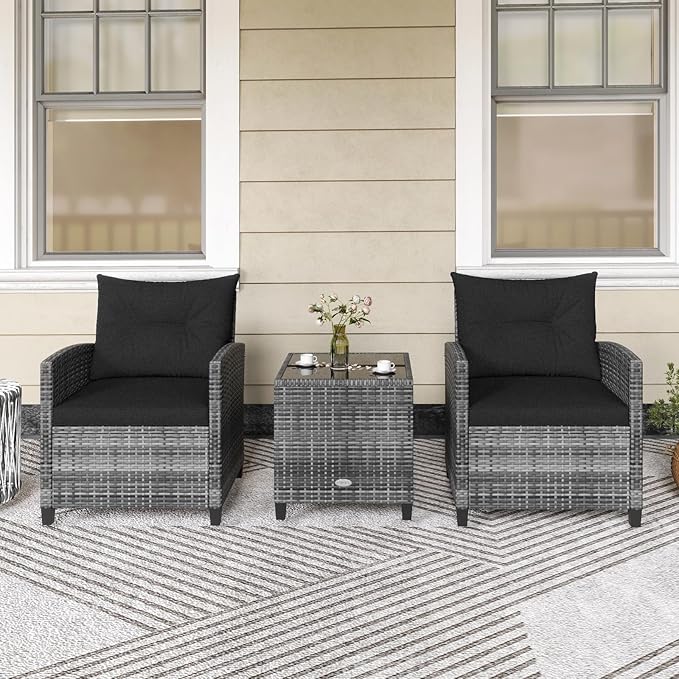 KOTEK 3 Piece Patio Furniture Set, Outdoor PE Rattan Conversation Set with Washable Cushions & Tempered Glass Tabletop, Wicker Chairs and Table Set for Porch, Garden, Balcony (Black)
