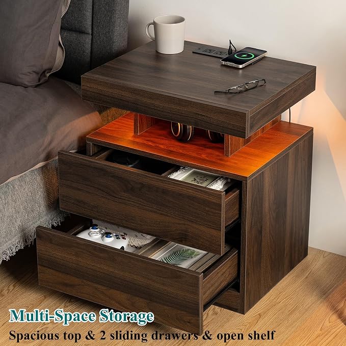 HOMMPA Set of 2 Rustic Nightstand with Wireless Charging Station LED Bedside Table with 2 Drawers End Table with Open Shelf Smart Nightstand Night Stand with Led Light for Bedroom Dark Walnut Wood - Image 5