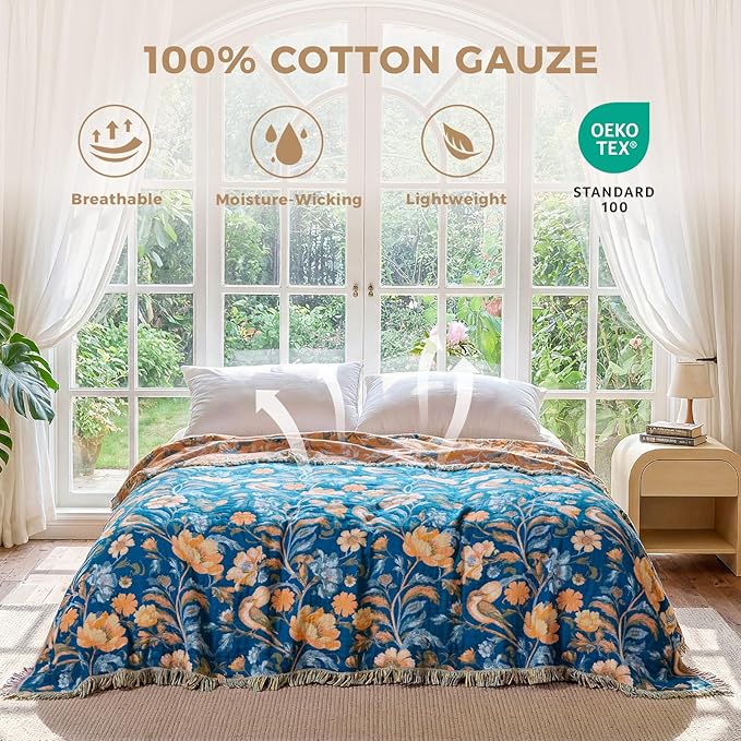 LUTBM Boho Throw Blanket for Couch Sofa Chair Cotton Spring Blankets for Bedroom Living Room All Season Soft Lightweight Reversible Floral Bird Embroidery Decorative Throws 50"x60"