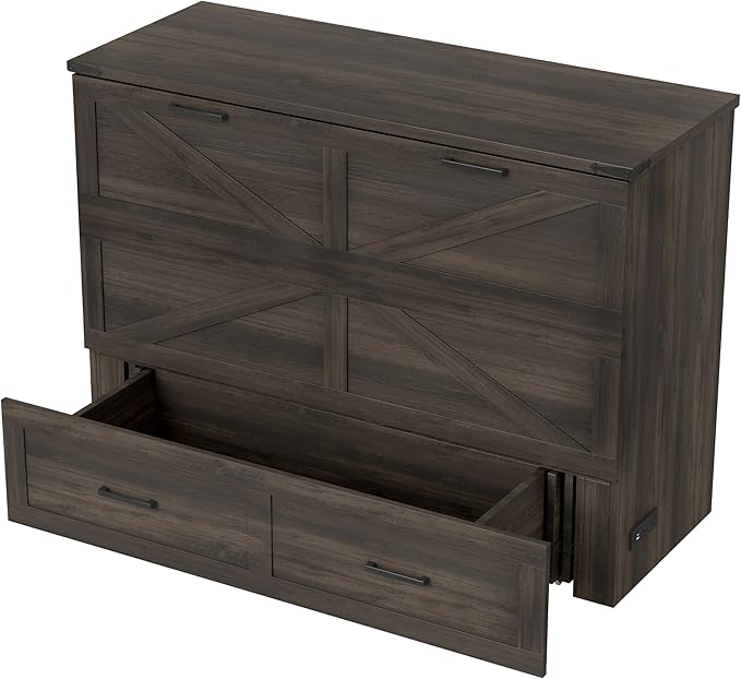 Bellemave Full Size Murphy Bed, Cabinet Bed with Charging Station and Storage, Farmhouse Murphy bedframe with Foldable Panel, Noisy Free, for Guest Bedroom, Living Room, Office, Rustic Gray