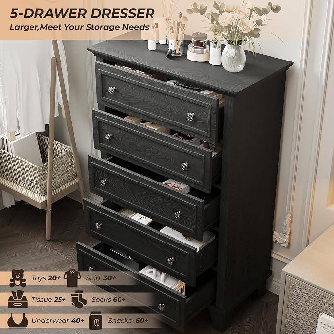 GAOMON Black 5 Drawer Dresser for Bedroom, 48" Tall Wood Dresser & Chests of Drawers with Deep Drawers, Modern Chest Organizer with Metal Handles for Living Room, Hallway, Entryway - Image 4