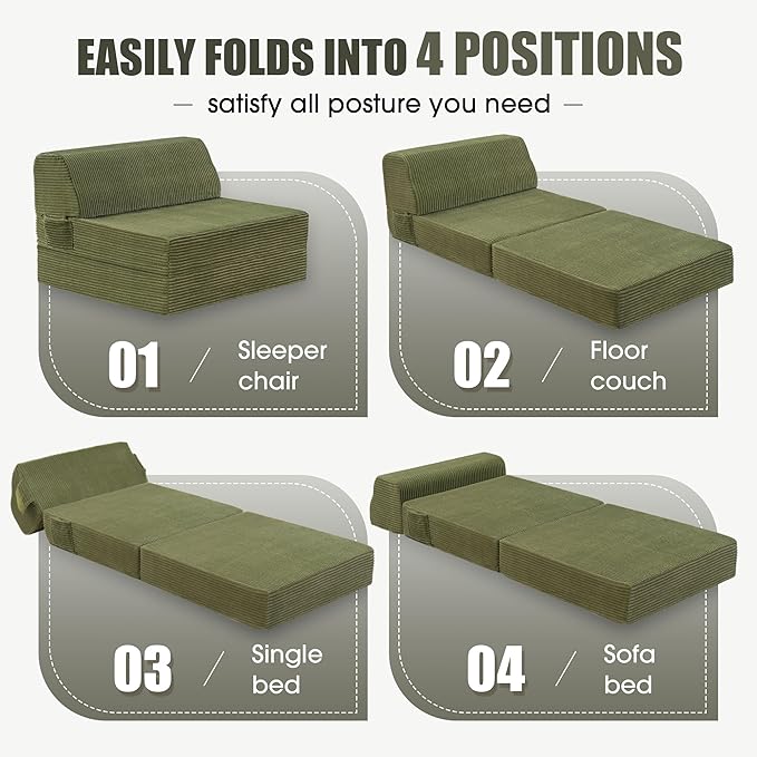 Folding Sofa Bed with Pillow, Memory Foam Fold Out Chair Bed, Convertible Sleeper Chair with Washable Cover, Futon Floor Couch for Living Room/Dorm/Guest Use/Home Office/Apartment, Green