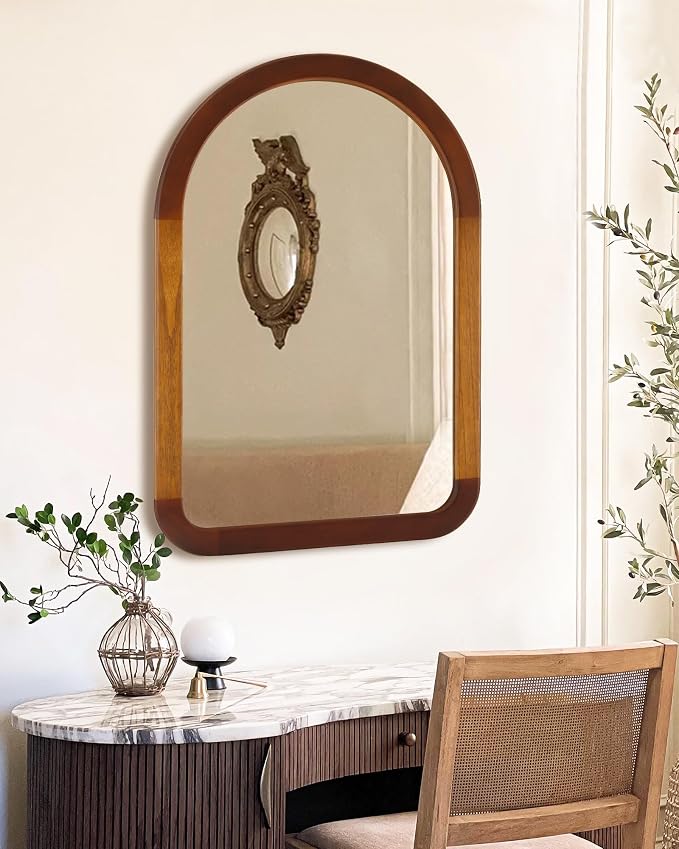 Arched Mirror 24 x 36 Inch,Brown Wood Rustic Bathroom Tempered Wall Mirror with Wood Frame,Round Corner Arch Farmhouse Wooden Vanity Mirror for Living Room,Entryway or Bedroom（Walnut Brown） - Image 2
