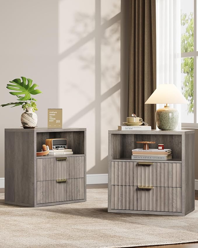 WLIVE Fluted Night Stand Set 2, Wood Nightstands Sets of 2 with Storage Drawers and Open Shelf, Mid Century Modern Bed Side Tables for Bedroom, Dorm, Greige by WLIVE