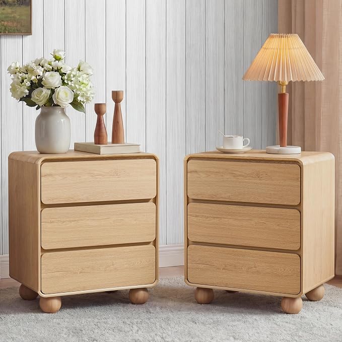 AVZEAR Wooden Night Stand wth 3 Drawer Dresser Mid Century Modern End Table Chest of Drawers, Solid Wood Legs & Curved Profile Design, Farmhouse Side Table for Living Room, Natural - Image 4