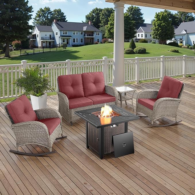 Belord 5 Pieces Patio Furniture Set with 50000 BTU Propane Fire Pit Table, All-Weather Patio Rocking Chairs, Loveseat Glider and Side Table for Outdoor Conversation Deck Poolside Backyard