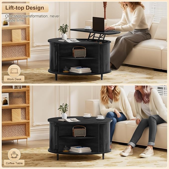 Round Lift Top Coffee Table, 31.5" Fluted Wood Accent Coffee Table with 180° Curved Sliding Door, Hidden Storage, Mid Century Modern Center Table for Living Room Office Small Spaces, Black