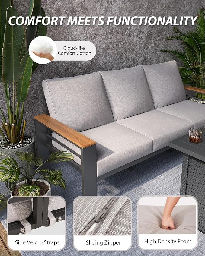 Aoxun Aluminum Outdoor Patio Furniture Set, 5-piece Outdoor Sectional with 44'' Propane Gas Firepit Table, Patio Conversation Sets with Upgraded Armrests and Cushions for Backyard (Grey,4 Seats)