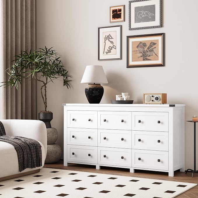 Dresser for Bedroom with 9 Drawers, Farmhouse Wood Chest of Drawers, Wide TV Stand Closet Storage Furniture with Metal Handle, Modern Clothes Organizer for Hallway, Living Room, Entryway, White - Image 2