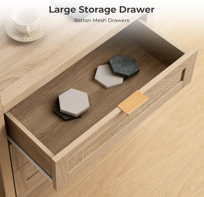 SICOTAS Rattan Nightstand Bedside Table - Larger Night Stand with Type-C Charging Station, 3 Drawers Storage - Boho Night Stands End Table for Bedroom - Light Oak - Image 5